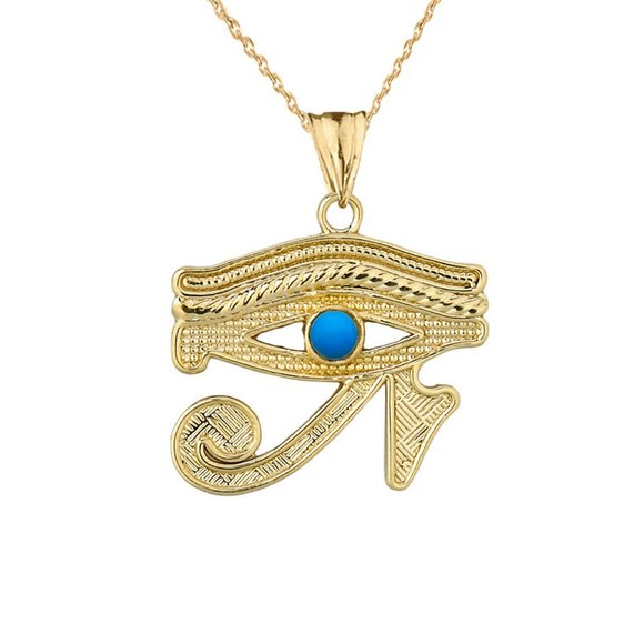 10k Solid Gold Eye of Horus (Ra) with Turquoise Center Stone Pendant Charm